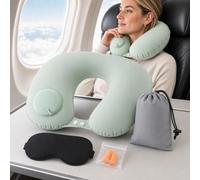 Lot de 4 oreillers gonflables de voyage avec masque de sommeil, bouchons d'oreilles, pompe à pression intégrée, compact et portable, vert, Large