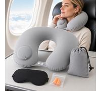 Lot de 4 oreillers gonflables de voyage avec masque de sommeil, bouchons d'oreilles, pompe à pression intégrée, compact et portable, gris, Large