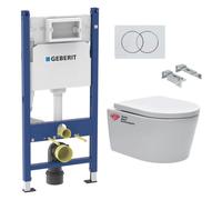 lot de 4 Packs bati-support Geberit 112cm + Cuvette Swiss Aqua Technologies sans bride + Plaque blanche (SATrimlessGeb3-GVP04)