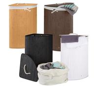 Lot de 4 paniers à linge d'angle Family, système de tri du linge en bambou, sac à linge amovible, 64 L chacun, noir, blanc, naturel, marron