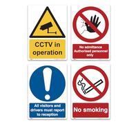 Lot de 4 panneaux de sécurité - CCTV in Operation, No Admittance, Visitors Report to Reception & No Smoking - A4 297 x 210 mm - Panneaux de sécurité en vinyle pour bureaux, entrepôts, magasins