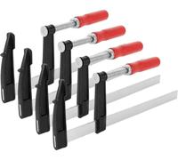 Lot de 4 pinces de serrage. Pinces F de 80x150 mm et 80x300 mm. Force de serrage : 272 kg. Matériaux : métal et plastique