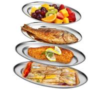 Lot de 4 plateaux de service ovales argentés - 26 cm + 30 cm + 35 cm + 40 cm - Plateau de service ovale en acier inoxydable pour serveur, saucisses, fromage, fête, plateau à café
