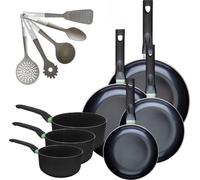 Lot de 4 poêles 20/24/28/30 cm et 3 casseroles 16/18/20 cm Fackelmann Brandao avec 5 ustensiles de cuisine
