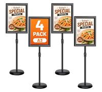 Lot de 4 Porte Affiche A3 sur Pied Réglable - Support d’Affichage & Panneau Signalétique Extérieur, Présentoir avec Cadre Clipsable - Support d’Information pour Restaurant, Commerce, Bureau - Noir