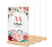 Lot de 4 Porte Affiche en Acrylique A4, Base en Bois T Forme Support Double Face Transparent, Cadre Photo en Plastique, Affichage de Menu Presentoir pour Réception, Bureau, Magasin, Restaurant, Hôtel