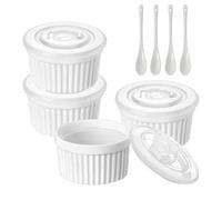 Lot de 4 ramequins en porcelaine de 236,8 g avec couvercle, plats à soufflé en porcelaine pour crème brûlée, tasses de cuisson pour pudding, fruits, trempettes, crème glacée, lave-vaisselle et four