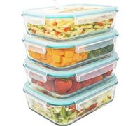 Lot de 4 récipients alimentaires en verre de 1 500 ml. Hermétiques et munis d'un couvercle avec soupape de vapeur. Récipients adaptés au micro-ondes, au four, au lave-vaisselle et au congélateur. Sans