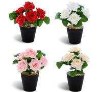 Lot de 4 roses artificielles en pot - Fleurs artificielles pour table, bureau, maison, mariage, fête, salle de bain, balcon, décoration de jardin
