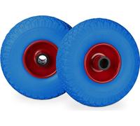 Lot de 4 roues pour diable, anti-crevaison, pneus pleins 3.00-4, jante en acier, axe de 25 mm, charge maximale 100 kg, dimensions 260 x 85 mm, bleu et rouge