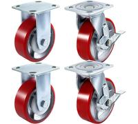 Lot de 4 roulettes de 6 x 2 pouces, 2 roulettes fixes et 2 roulettes pivotantes avec frein latéral, plaque en polyuréthane avec noyau en fer, capacité de 1000 lb par roue