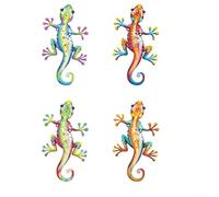 Lot de 4 sculptures murales colorées en forme de lézard en métal pour décoration de jardin - Ornements à suspendre en fer antirouille avec crochets pour terrasse, clôture, cour, jardin, maison