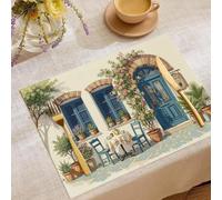 Lot de 4 Set de Table Style Italien Sets de Table Ambiance Café 45x30cm Sets de Table en Lin Bleu Brun Lavables pour Maison Cuisine Cabane de Campagne Fermes
