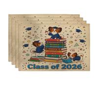 Lot de 4 sets de table en forme de chien papillon avec inscription « Congrats Grad » - 30,5 x 45,7 cm - Motif livres de dessin animé - Pour dîner, remise de diplôme, vacances, décoration de la maison