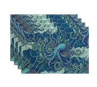 Lot de 4 sets de table en forme de pieuvre bleu océan, pour table de salle à manger, plage d'été, antidérapants, lavables, pour intérieur et extérieur, cuisine, fête