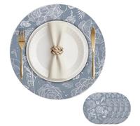 Lot de 4 Sets de Table en PVC Lavables 38cm Set de Table Rond Fleur de Rose Antidérapant pour l'Isolation Thermique de l'Assiette et de la Décoration de Table (4, Bleu d'or)