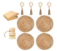 Lot de 4 sets de table ronds en jonc de mer tissé de style bohème naturel, sets de table en osier, chargeurs d'assiettes tressés, avec brosse en bois et 4 ronds de serviette (jacinthe d'eau naturelle)