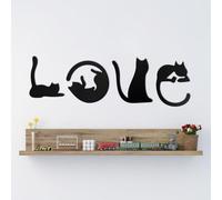 Lot de 4 stickers muraux décoratifs en métal noir Motif chat Love chat et cœur Décoration murale à suspendre pour salon 60 x 15 cm