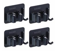 Lot de 4 supports de serpillière muraux, pince à balai en acier inoxydable avec crochet, organiseur auto-adhésif, solution de rangement pour buanderie, cuisine, garage, jardin et rangement d'outils de