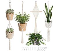 Lot de 4 suspensions en macramé pour l'intérieur, décoration bohème, pots de fleurs en macramé avec crochets, pots suspendus en corde de coton avec pompons, suspensions pour la chambre, le jardin, le