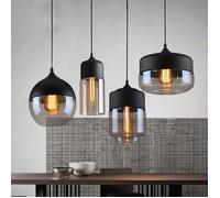 Lot de 4 suspensions vintage E27 en verre brun et métal noir - Lustre pour cuisine salon