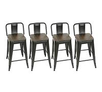 Lot de 4 Tabouret de Bar Metal,Tabouret Haut Industriel 84cm de Hauteur Assise avec Dossier et siège en Bois,pour Cuisine Bistrot Salle à Manger Intérieur et Extérieur,4 pièces (84 x 42 x 42 cm)