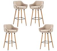Lot de 4 Tabourets de Bar, avec Dossier et Repose-Pieds, Chaise Haute et Rembourrée, Surface en Lin, Hauteur d’Assise de 64 cm, Pieds en Bois Massif, en Tissu matelassé, élégant