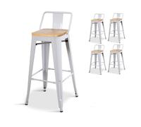 Kosmi - Lot de 4 tabourets de Bar en métal Blanc Mat Style Industriel avec Dossier et Assise en Bois Clair - Hauteur 76 cm