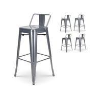 Lot de 4 tabourets de bar en métal gris argenté aspect brillant style industriel - Avec dossier - Hauteur 66cm