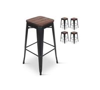 - Lot de 4 Tabourets de bar en métal noir mat et assise en bois foncé, Tabouret métal et bois haut hauteur 66cm idéal pour une table de 90cm