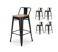 Kosmi Lot de 4 tabourets de Bar en métal Noir Mat Style Industriel avec Dossier et Assise en Bois Clair - Hauteur 66cm