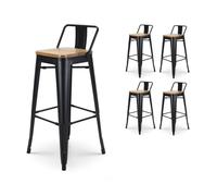 Kosmi Lot de 4 tabourets de Bar en métal Noir Mat Style Industriel avec Dossier et Assise en Bois Clair - Hauteur 76 cm