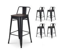Lot de 4 tabourets de bar en métal noir mat style industriel avec dossier et assise en bois foncé - Hauteur 66cm