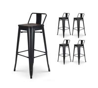 Kosmi - Lot de 4 tabourets de Bar en métal Noir Mat Style Industriel avec Dossier et Assise en Bois foncé - Hauteur 76 cm