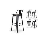 Kosmi - Lot de 4 tabourets de Bar en métal Noir Mat Style Industriel avec Dossier et Assise en Bois foncé - Hauteur 76 cm