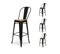 Lot de 4 tabourets de bar en métal noir mat style industriel avec dossier haut et assise en bois clair - Hauteur 76 cm