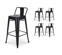 Lot de 4 tabourets de Bar en métal Noir Mat Style Industriel - avec Dossier - Hauteur 66cm
