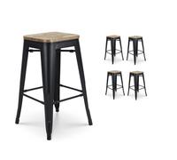 Lot de 4 tabourets de bar en métal noir mat style industriel et assise en bois clair - Hauteur 66 cm