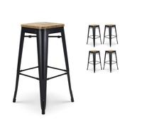 Lot de 4 tabourets de bar en métal noir mat style industriel et assise en bois clair - Hauteur 76 cm