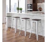 4x Tabouret de bar HWC-A73, avec siège en bois, métal, style industriel blanc