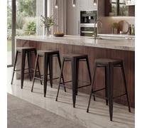 4x tabouret de bar HWC-A73 avec siège en bois, chaise de comptoir, métal, design industriel, empilable noir