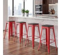 4x Tabouret de bar HWC-A73, avec siège en bois, métal, style industriel rouge
