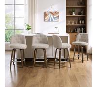 Lot de 4 Tabourets de Bar Pivotants 65 cm, Dossier à Boutons, Beige-brun | Assise 10 cm, mousse haute résilience, pieds de chaise en noyer, idéale pour îlot central, bar ou coin repas