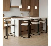 Lot de 4 tabourets de bar RONDY en tissu chenille écru avec accoudoirs et pieds en métal noir