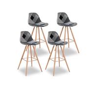 IDMarket Lot de 4 tabourets de bar SARA motifs patchworks noirs, gris et blancs