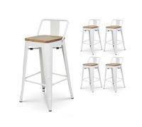 Lot de 4 tabourets en métal blanc mat style industriel avec dossier et assise en bois clair - Hauteur 66cm