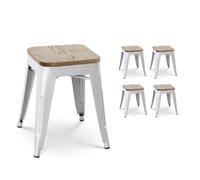 Lot de 4 tabourets en métal blanc mat style industriel et assise en bois clair - Hauteur 46 cm