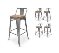Lot de 4 tabourets style industriel avec dossier en métal brut aspect galvanisé et assise en bois clair - Hauteur 76 cm