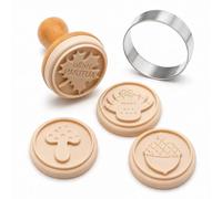 Lot de 4 tampons à biscuits automnaux, manche en hêtre et emporte-pièce | Têtes de tampon en silicone sans BPA, poignée en bois de hêtre et emporte-pièce en acier inoxydable de 7,5 cm pour biscuits