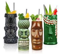 Lot de 4 tasses à cocktail Tiki - Tasses hawaïennes en céramique - Verres à cocktail exotiques mignons Tiki Bar professionnel Hawaiian Party Barware TKSET0012 (lot de 4)
